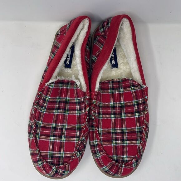 Land\'s End Men’s Holiday Plaid Flannel Moccasin Slippers, NWOT, men’s US 9B main image 8